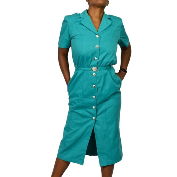 Vintage Together Shirtdress Green Dress Straight Belt Lattice Cutout LionHead 10 - Picture 14 of 14